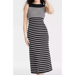A New Day M Faux Plisse Midi Sweater Dress Striped Black White Stretch Career